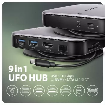 Axagon HMC-UFO USB-C hub M.2 SATA/NVMe 1 Gbit/s Ethernet 384 kHz audio bedraad USB 3.2 Gen 2 (3.1 Gen 2) Type-C zwart