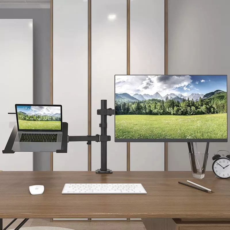 Techly ICA-LCD 174NB monitorbeugel voor op bureau met laptopplank, 13–32 inch (33–81,3 cm), 8 kg, laptop 12–17 inch, VESA 75x75 / 100x100, zwart