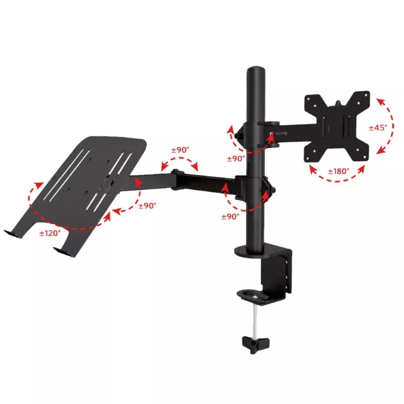 Techly ICA-LCD 174NB monitorbeugel voor op bureau met laptopplank, 13–32 inch (33–81,3 cm), 8 kg, laptop 12–17 inch, VESA 75x75 / 100x100, zwart