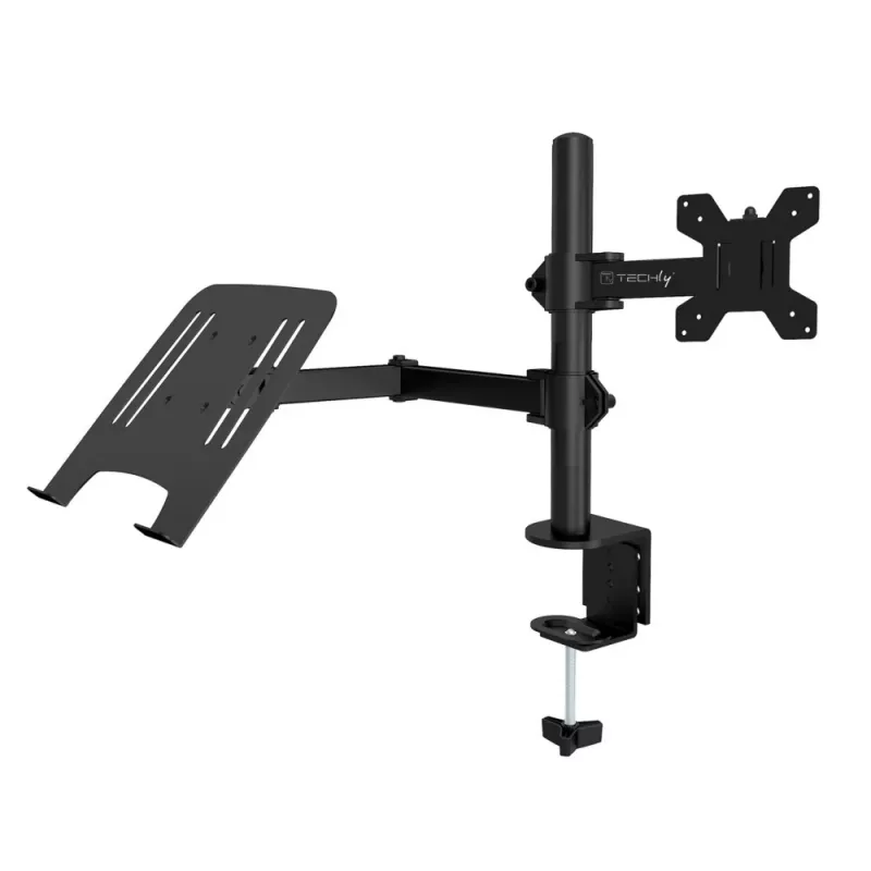 Techly ICA-LCD 174NB monitorbeugel voor op bureau met laptopplank, 13–32 inch (33–81,3 cm), 8 kg, laptop 12–17 inch, VESA 75x75 / 100x100, zwart