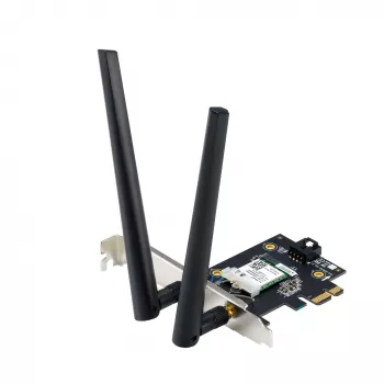 Interne WLAN Bluetooth-adapter ASUS PCE-BE6500 — PCIe, Tri-Band Wi‑Fi 6E/7 (2,4/5/6 GHz), Bluetooth 5.4, 2882 Mbps, externe antenne, zwart