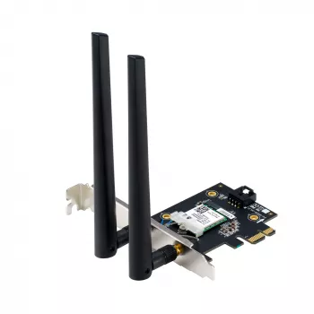 Interne WLAN Bluetooth-adapter ASUS PCE-BE6500 — PCIe, Tri-Band Wi‑Fi 6E/7 (2,4/5/6 GHz), Bluetooth 5.4, 2882 Mbps, externe antenne, zwart