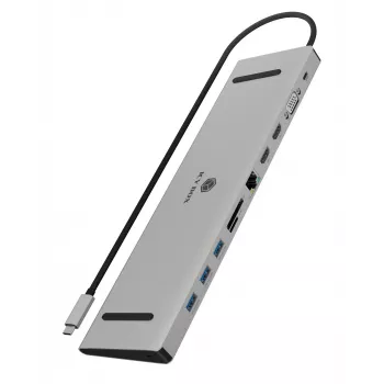 ICY BOX 11-in-1 via USB Type-C, bedraad, USB 3.2 Gen 1 (3.1 Gen 1) Type-C, 100 W, 3,5 mm, 10,100,1000 Mbit/s, antraciet, zwart