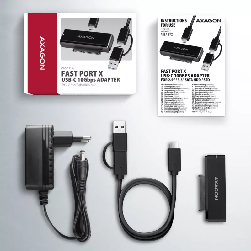 Axagon ADSA-FPX USB-C 10Gbps FAST PORT X adapter voor 2,5-inch/3,5-inch SSD/HDD