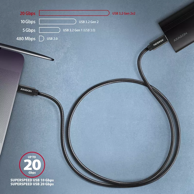 Axagon BUCM32-CM05AB SPEED+ USB-C <> USB 20Gbps/100W-kabel 0,5 m
