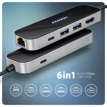 Axagon HMC-6GLN USB 5Gbps-hub, 2x USB-A, USB-C, HDMI 4k/60Hz, RJ-45, PD 100W, USB-C-kabel