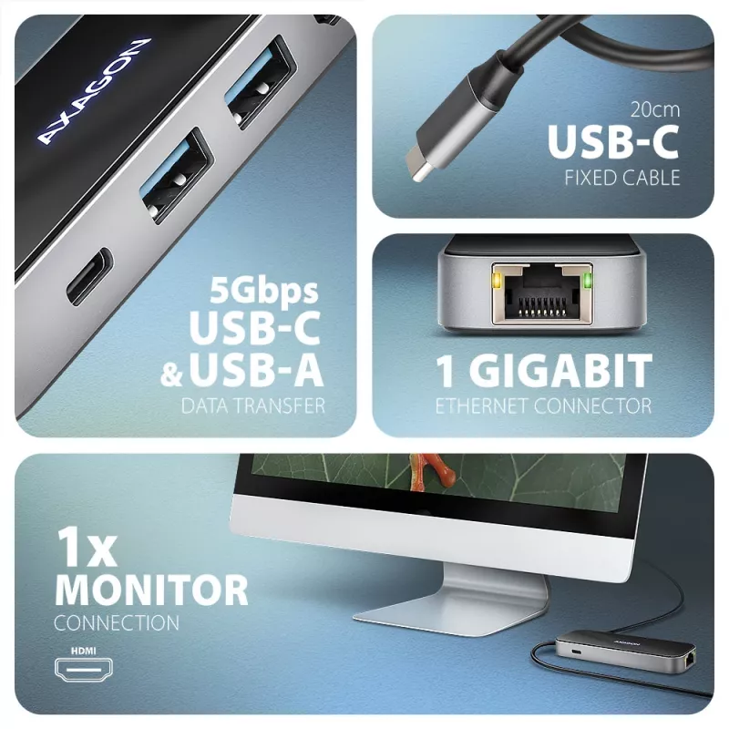 Axagon HMC-6GLN USB 5Gbps-hub, 2x USB-A, USB-C, HDMI 4k/60Hz, RJ-45, PD 100W, USB-C-kabel