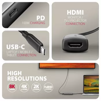 Axagon RVC-HI8KPD, USB-C -> HDMI 2.1-adapter, 8K/60Hz, 4K/144Hz, HDR10+, PD100W