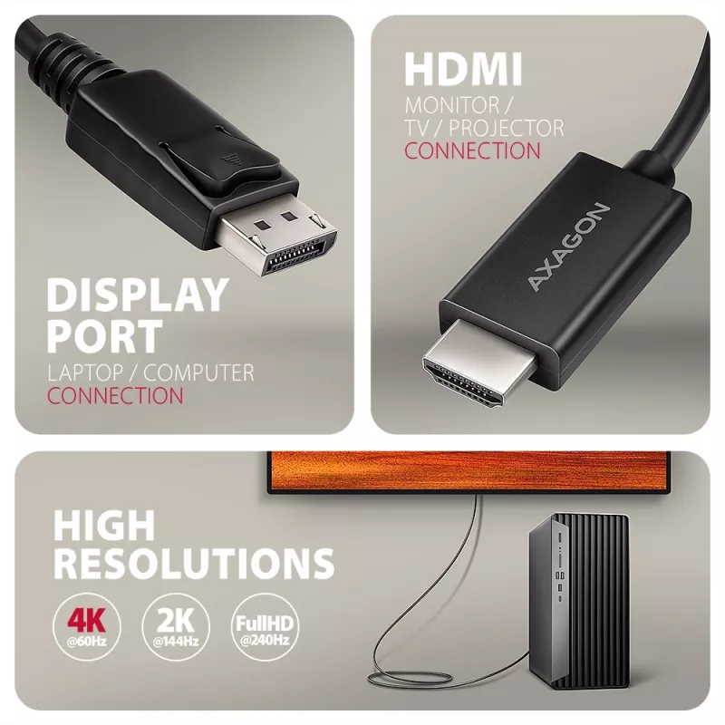 Axagon RVD-HI20C2 DisplayPort -> HDMI 2.0b-kabel 1,8m, 4K/60Hz