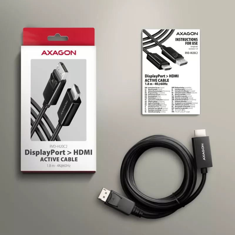 Axagon RVD-HI20C2 DisplayPort -> HDMI 2.0b-kabel 1,8m, 4K/60Hz