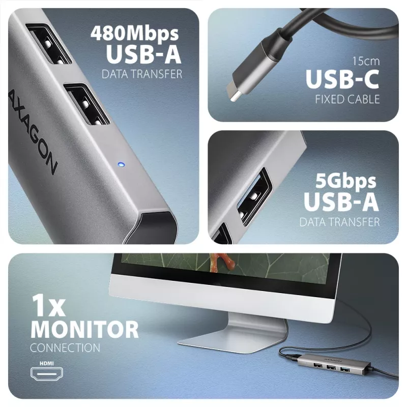 Axagon HMC-H3A USB 5Gbps-hub, 3x USB-A, HDMI 4k/30Hz, 15cm USB-C-kabel