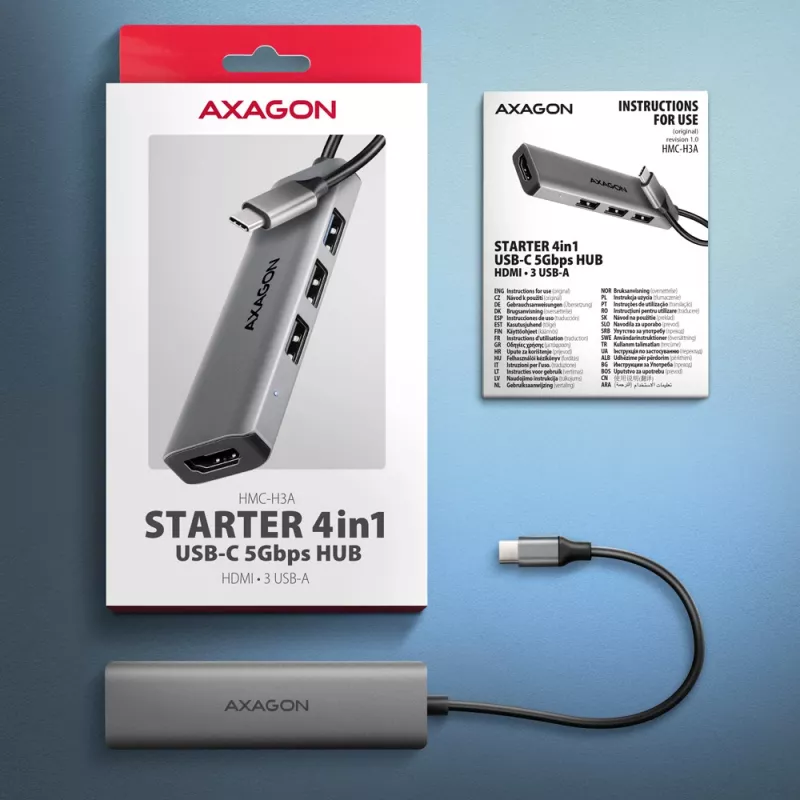 Axagon HMC-H3A USB 5Gbps-hub, 3x USB-A, HDMI 4k/30Hz, 15cm USB-C-kabel