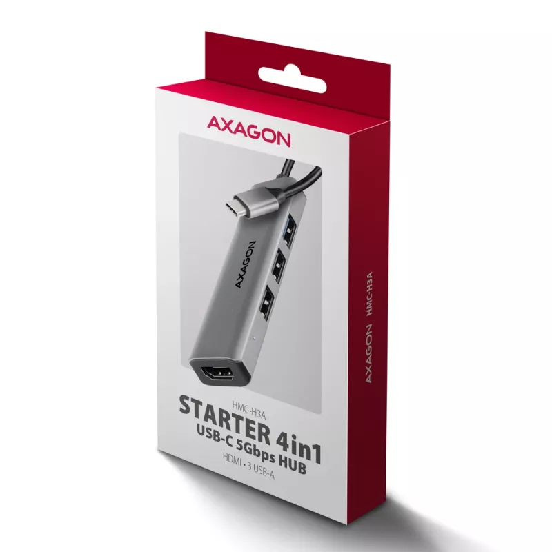 Axagon HMC-H3A USB 5Gbps-hub, 3x USB-A, HDMI 4k/30Hz, 15cm USB-C-kabel