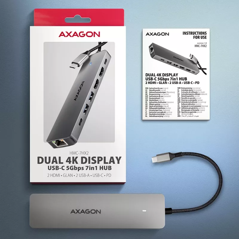 Axagon HMC-7HX2 USB 5Gbps-hub, 2x USB-A, USB-C, 2x HDMI 4K/60Hz, RJ-45, PD 100W