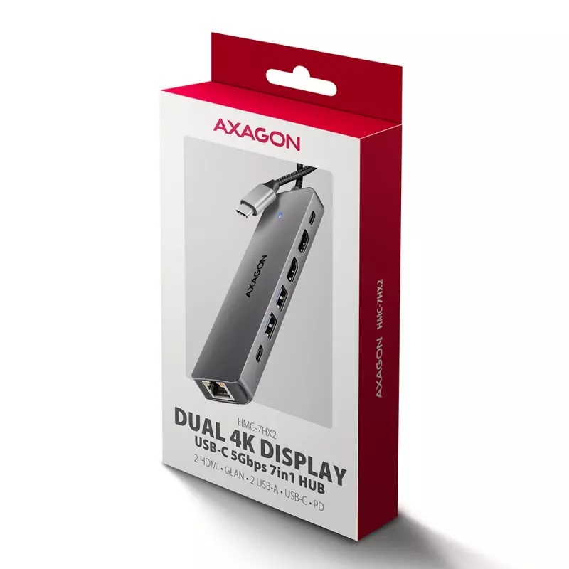 Axagon HMC-7HX2 USB 5Gbps-hub, 2x USB-A, USB-C, 2x HDMI 4K/60Hz, RJ-45, PD 100W