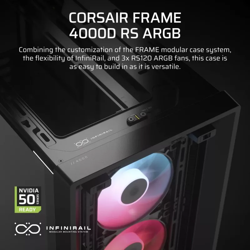 PC-behuizing CORSAIR FRAME 4000D RS ARGB Midi Tower zwart — ATX/Micro-ATX/Mini-ITX, gehard glas, ARGB-ventilator, tot 370 mm GPU