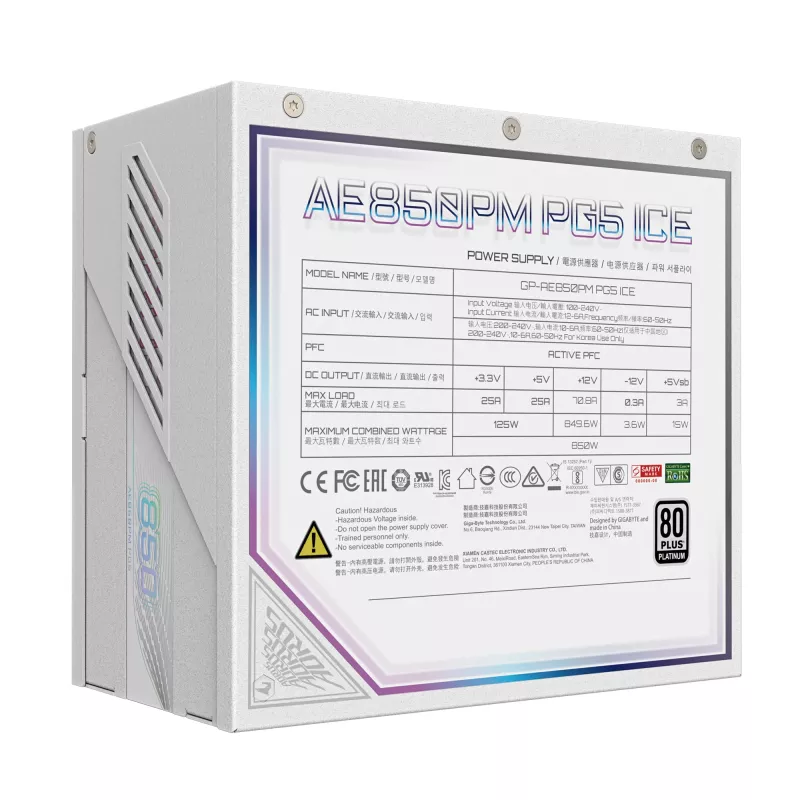 Voeding GIGABYTE AORUS ELITE P850W 850W ATX 80 PLUS Platinum volledig modulair wit 120mm ventilator