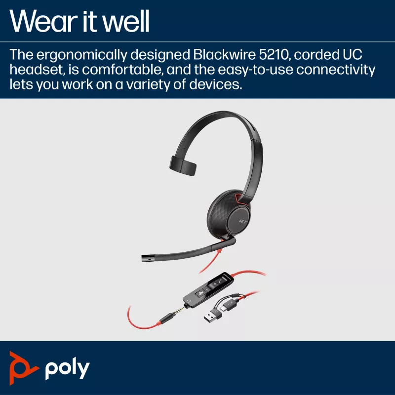 HP Poly Blackwire 5210 monaurale USB-C headset +3,5mm plug +USB-C/A adapter