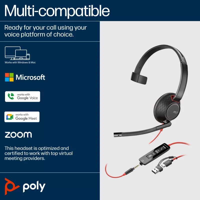 HP Poly Blackwire 5210 monaurale USB-C headset +3,5mm plug +USB-C/A adapter