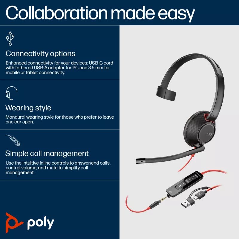 HP Poly Blackwire 5210 monaurale USB-C headset +3,5mm plug +USB-C/A adapter