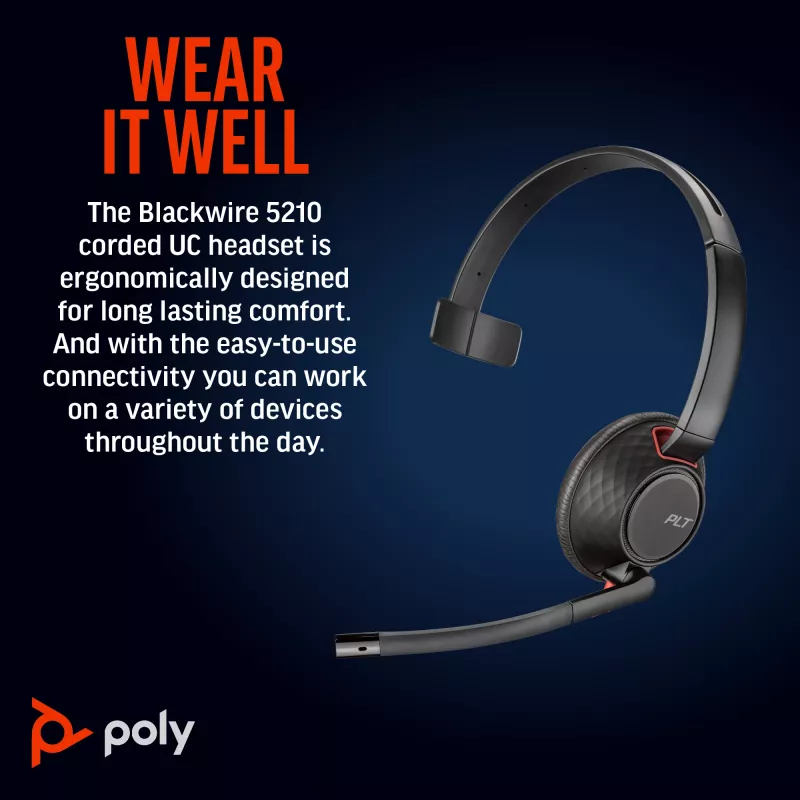 HP Poly Blackwire 5210 monaurale USB-C headset +3,5mm plug +USB-C/A adapter