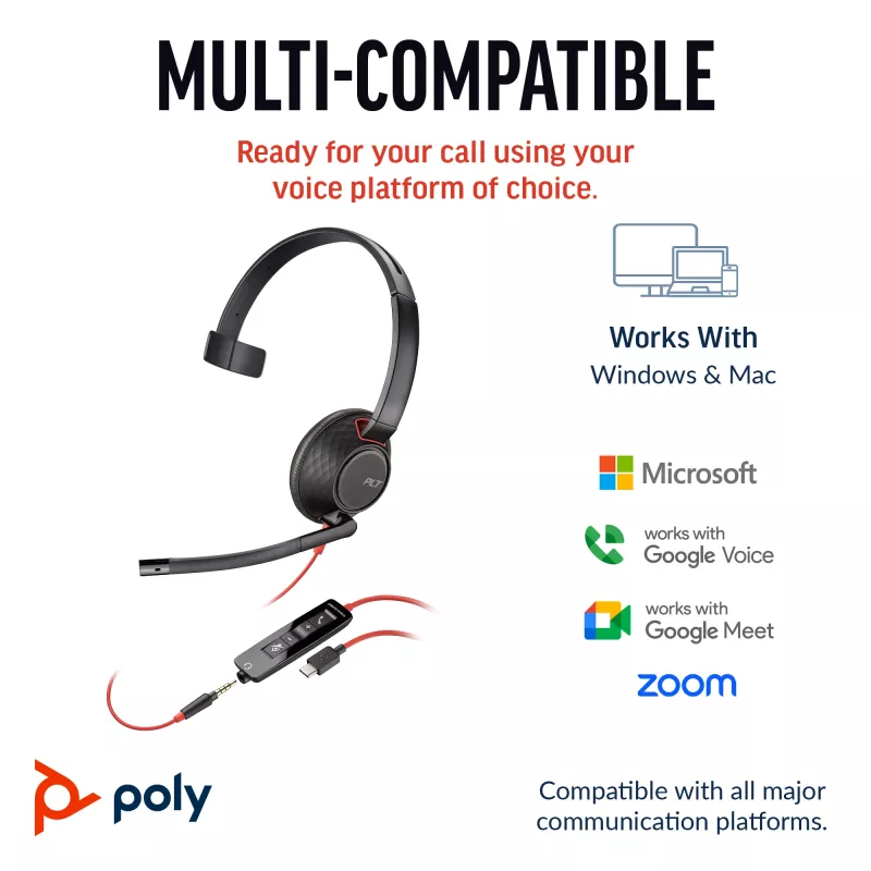 HP Poly Blackwire 5210 monaurale USB-C headset +3,5mm plug +USB-C/A adapter
