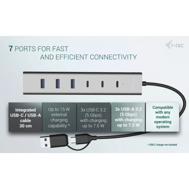 i-tec USB-C/USB-A oplaadbare metalen HUB 7 poorten (3x USB-C, 4x USB-A)