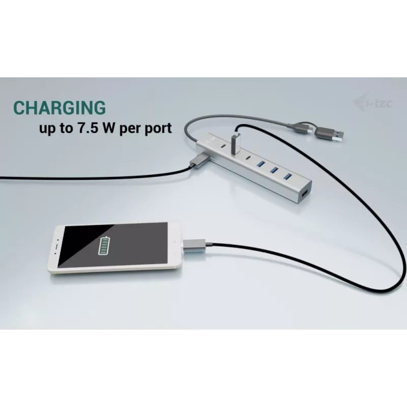 i-tec USB-C/USB-A oplaadbare metalen HUB 7 poorten (3x USB-C, 4x USB-A)