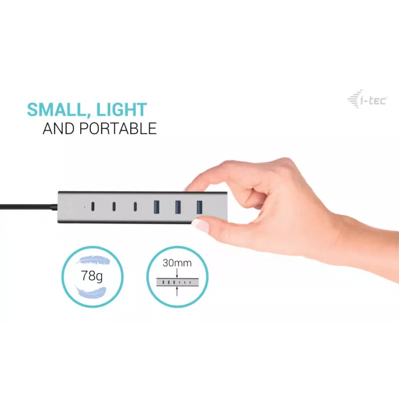 i-tec USB-C/USB-A oplaadbare metalen HUB 7 poorten (3x USB-C, 4x USB-A)