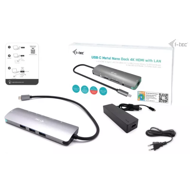 i-tec USB-C metalen nano-dockingstation 4K HDMI LAN met Power Delivery 100 W + universele oplader 100 W
