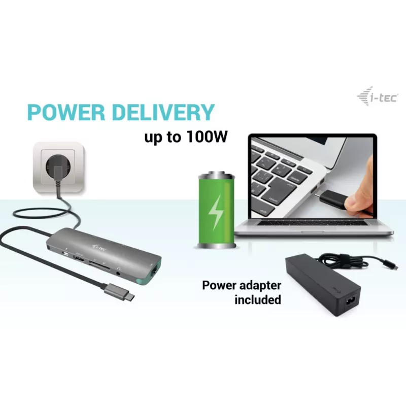 i-tec USB-C metalen nano-dockingstation 4K HDMI LAN met Power Delivery 100 W + universele oplader 100 W