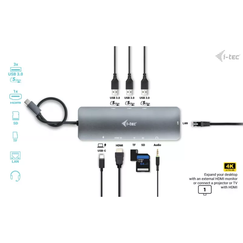 i-tec USB-C metalen nano-dockingstation 4K HDMI LAN met Power Delivery 100 W + universele oplader 100 W