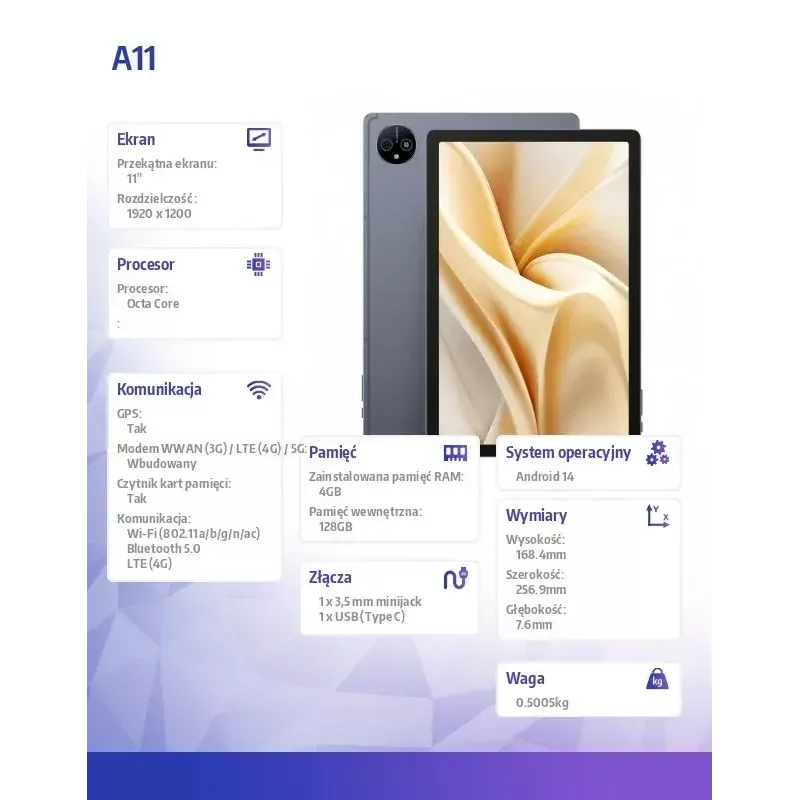 Tablet A11 4G 11 inch quad-core 4GB RAM 256GB opslag Android
