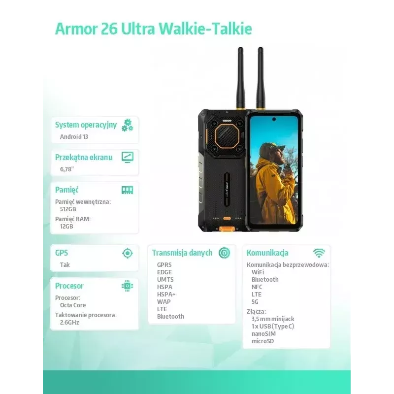 Ulefone Armor 26 Ultra 5G smartphone, walkietalkie, 12GB RAM, 512GB, IP69K, zwart (zonder oplader)