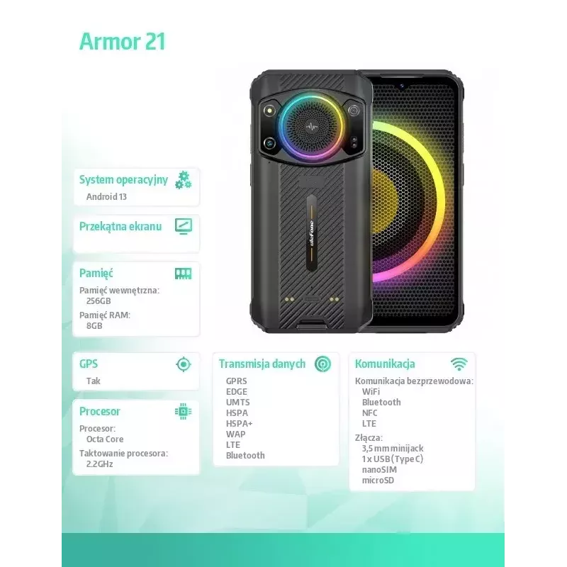 Smartphone UleFone Armor 21 — 6,58 inch display, 8 GB RAM, 256 GB opslag, zwart