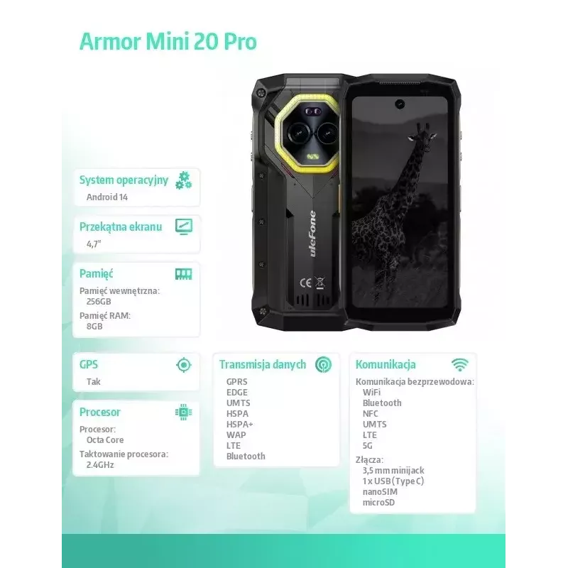 Smartphone UleFone Armor Mini 20 Pro 4G 6,1 inch 8/256GB zwart, energieklasse B