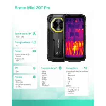 Smartphone UleFone Armor Mini 20T Pro 5G, 4,7-inch display, 8 GB RAM, 256 GB opslag, zwart
