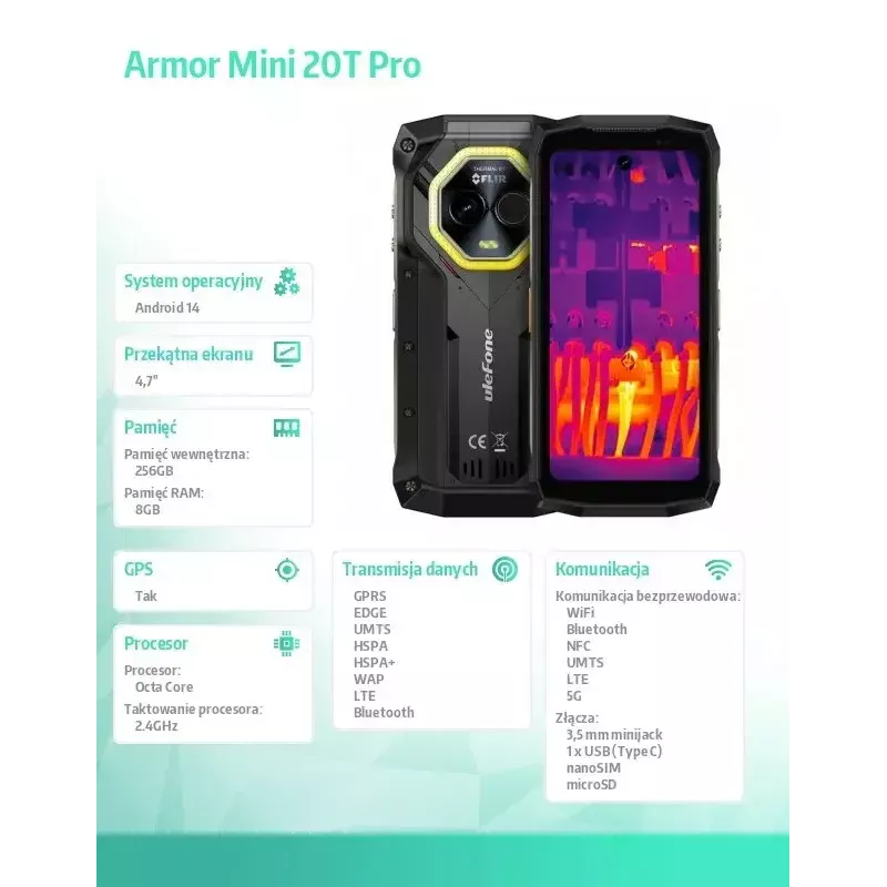 Smartphone UleFone Armor Mini 20T Pro 5G, 4,7-inch display, 8 GB RAM, 256 GB opslag, zwart