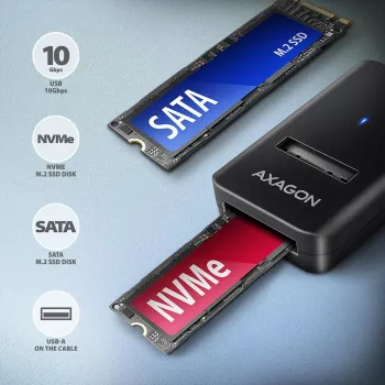 SSD-behuizing AXAGON ADM2-AM USB-A 10 Gbit/s voor enkele M.2 NVMe/SATA-schijf, USB 3.2 Gen 2, 10 cm kabel, zwart
