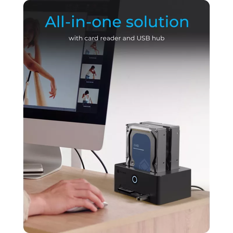 ICY BOX IB-1233CL-CR dock- en kloonstation met 2 schachten voor 2,5/3,5 inch SSD/HDD, CF/SD-kaartlezer, USB-A-hub, USB 3.2 Gen 1, zwart