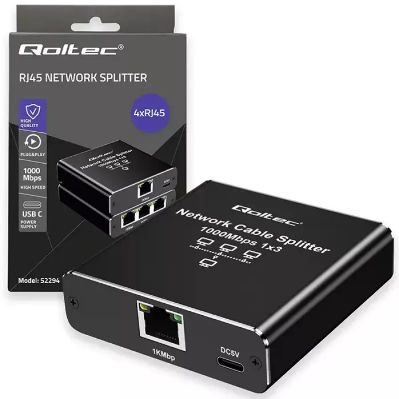 Ethernet-splitter QOLTEC 52294 1x3 RJ45 met USB-C-voedingsingang