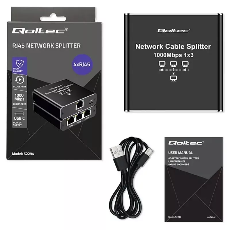 Ethernet-splitter QOLTEC 52294 1x3 RJ45 met USB-C-voedingsingang
