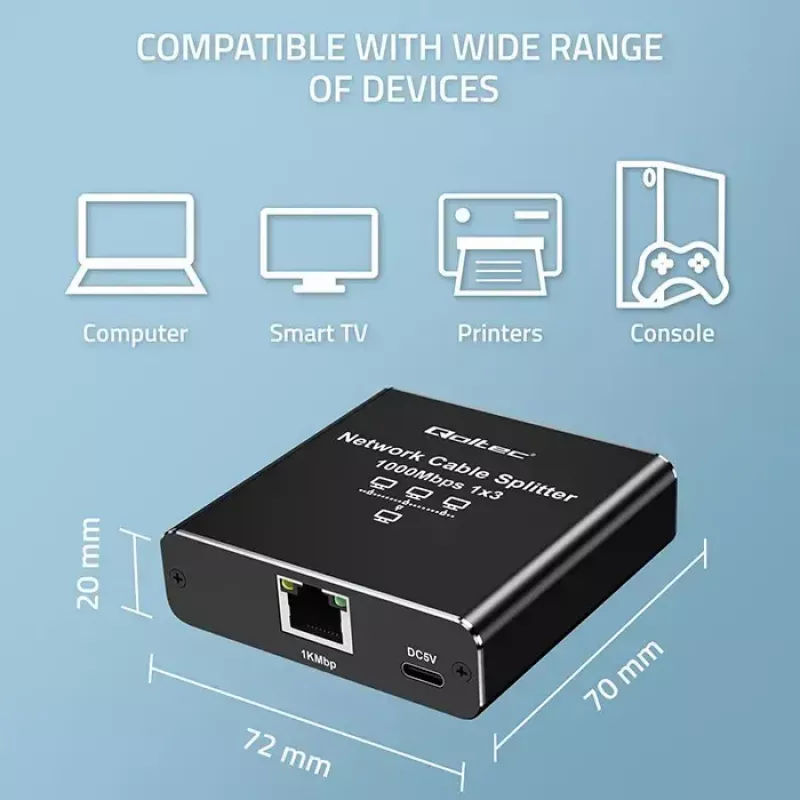 Ethernet-splitter QOLTEC 52294 1x3 RJ45 met USB-C-voedingsingang