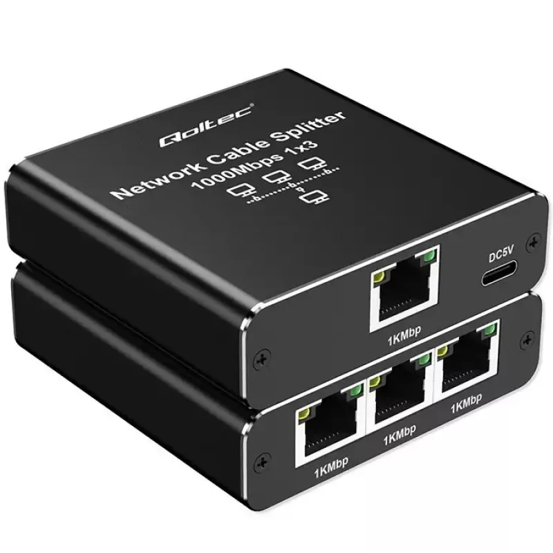 Ethernet-splitter QOLTEC 52294 1x3 RJ45 met USB-C-voedingsingang