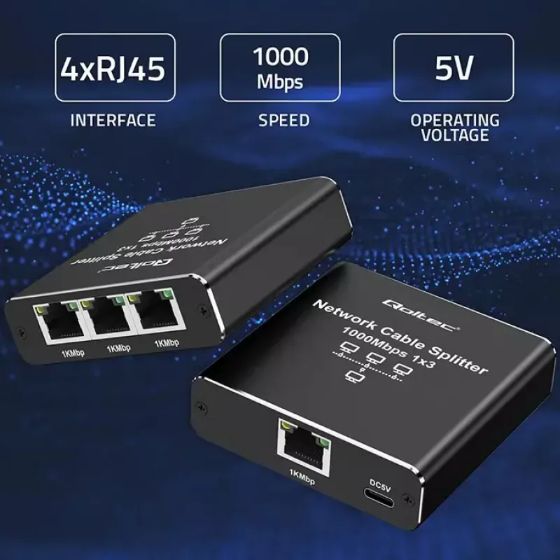 Ethernet-splitter QOLTEC 52294 1x3 RJ45 met USB-C-voedingsingang