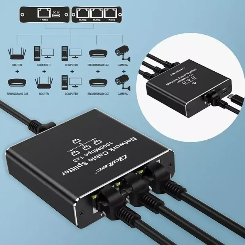 Ethernet-splitter QOLTEC 52294 1x3 RJ45 met USB-C-voedingsingang