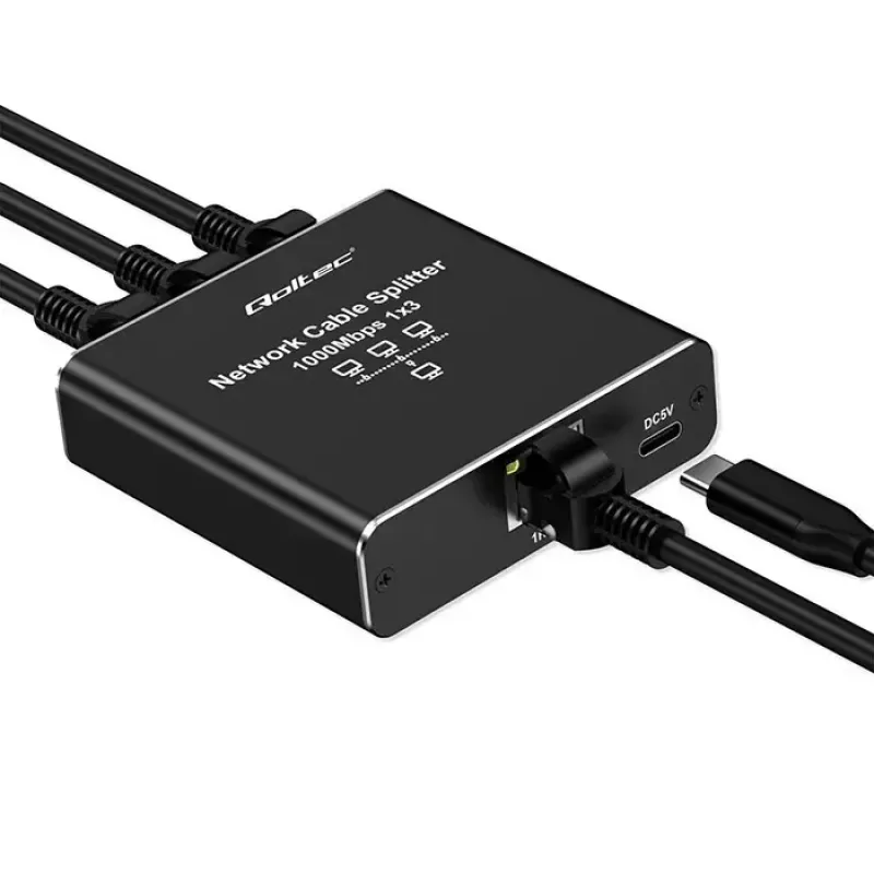 Ethernet-splitter QOLTEC 52294 1x3 RJ45 met USB-C-voedingsingang
