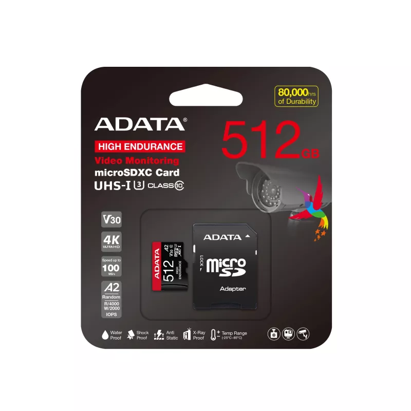 MicroSDXC-geheugenkaart ADATA 512GB UHS-I U3 V30 Klasse 10 A2, 100/85 MB/s, waterdicht