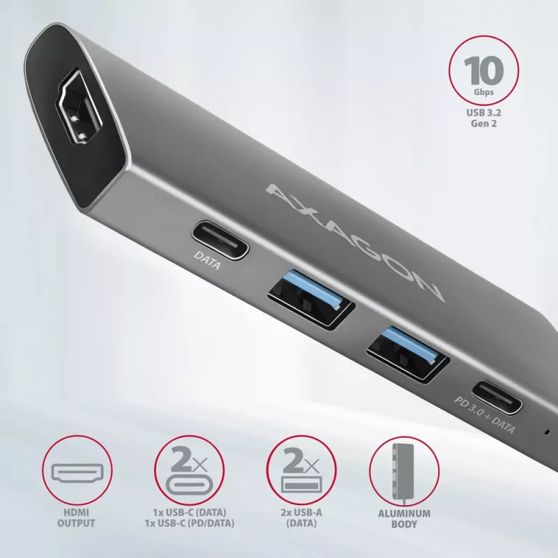 Axagon HMC-5G21 USB 10Gbps-hub, 2x USB-A, 2x USB-C, HDMI 4k/30Hz, PD 60W, USB-C-kabel