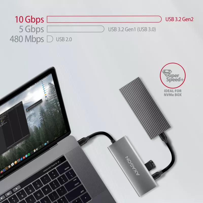 Axagon HMC-5G21 USB 10Gbps-hub, 2x USB-A, 2x USB-C, HDMI 4k/30Hz, PD 60W, USB-C-kabel